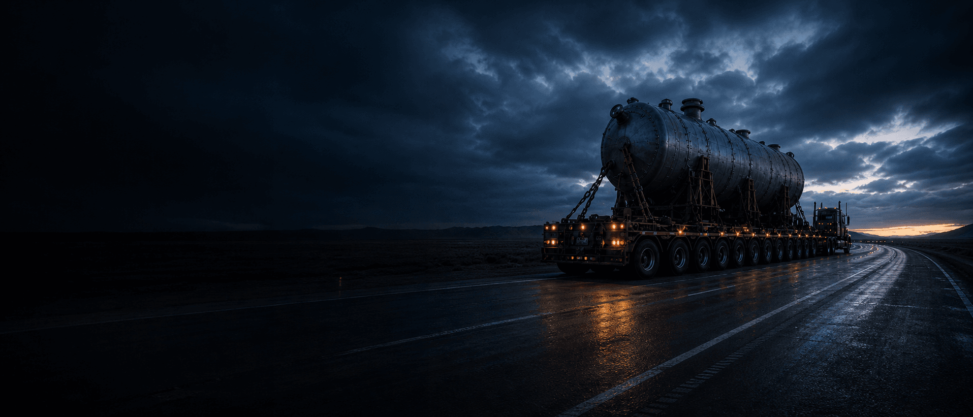 Illustrative campaign image of a heavy transport convoy moving at blue hour