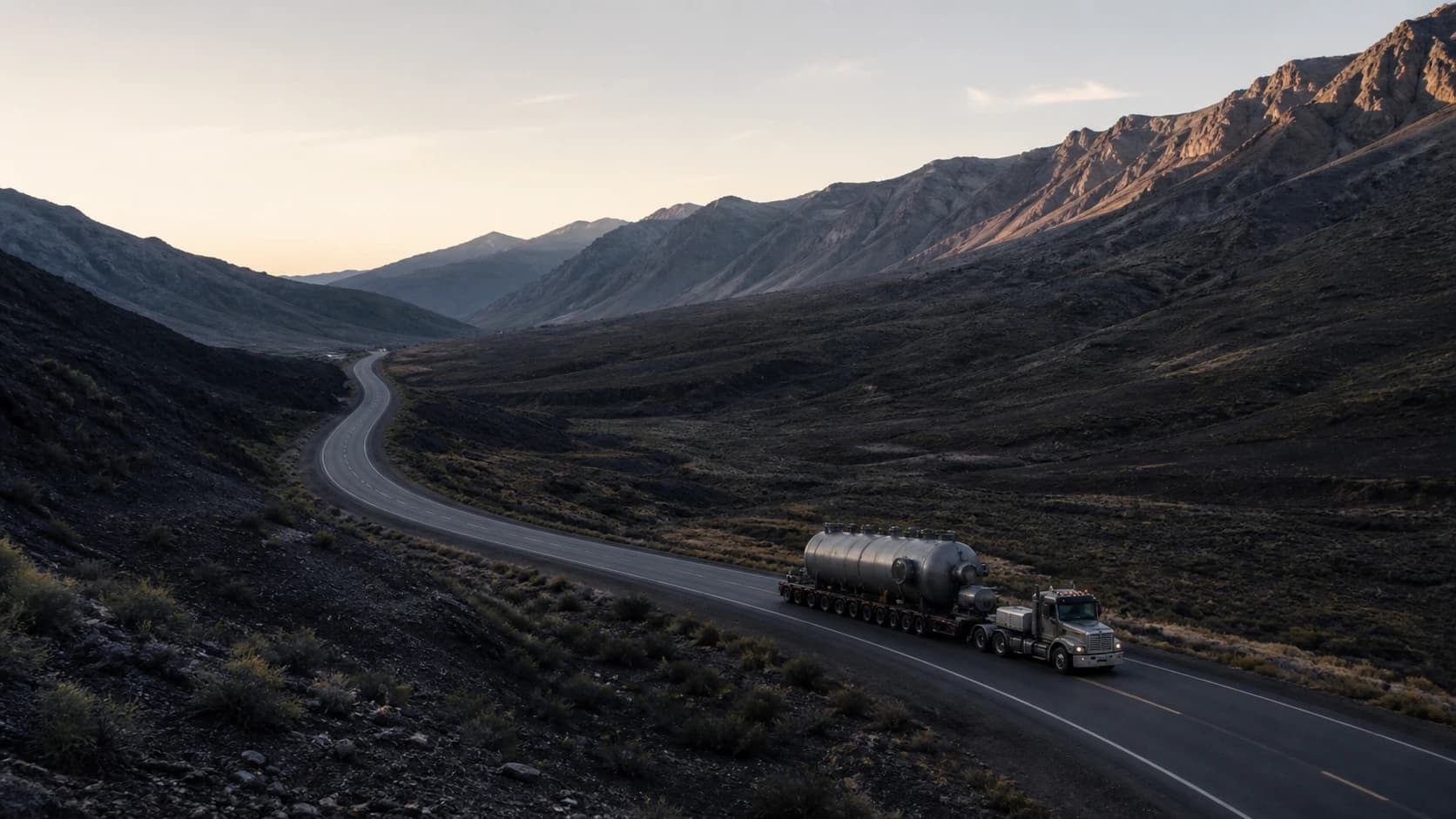 Representative generated image of an industrial load traveling through a mountain route